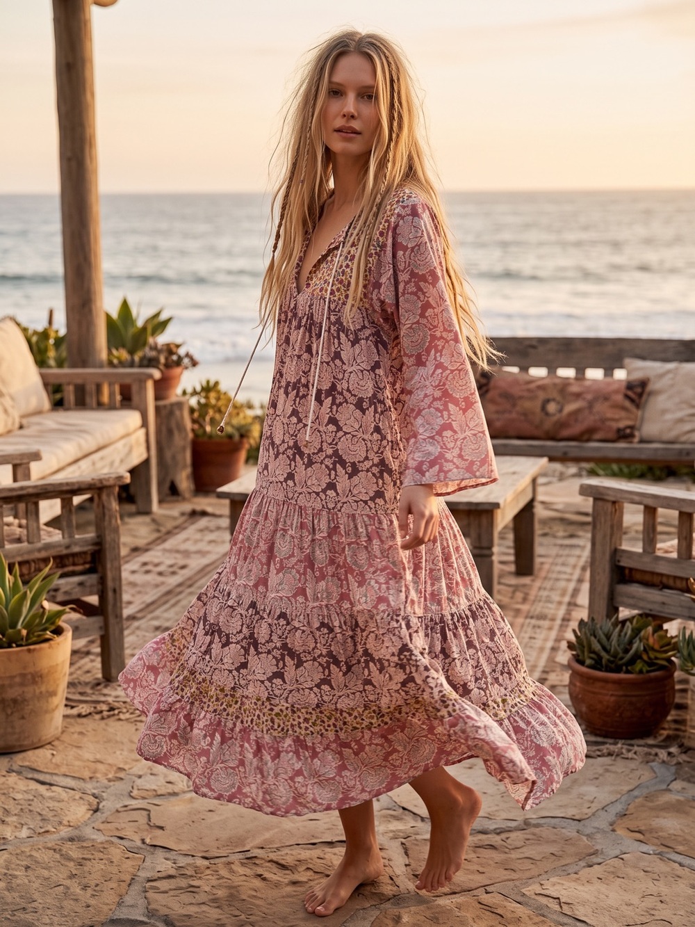 Zara Retro 70s Bohemian Cotton Patchwork Block Print Maxi Dress Oversized XS